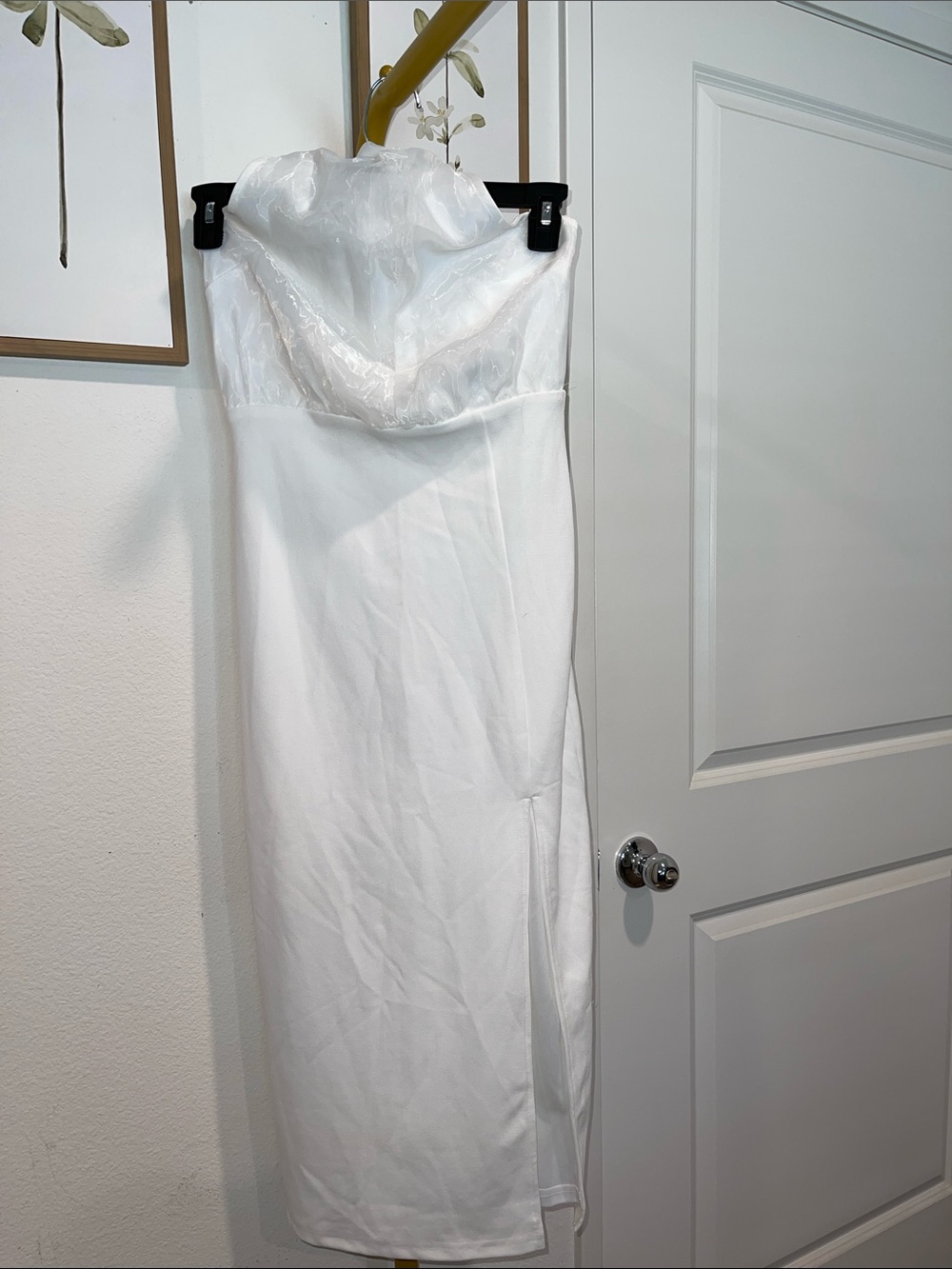 Strapless White Satin Midi Dress